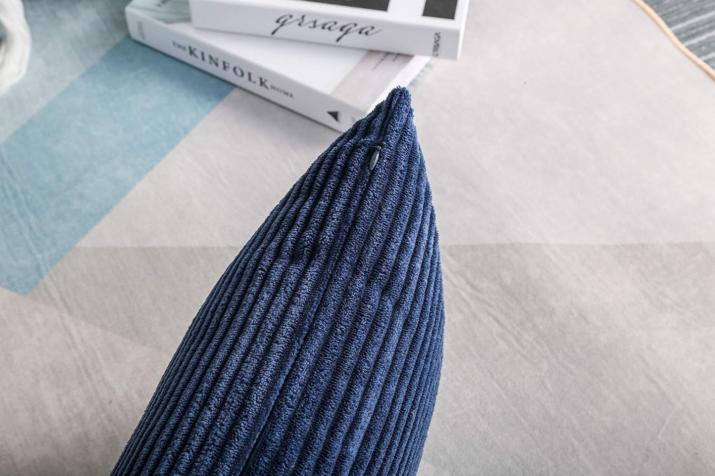 TangDepot Set of 2 Solid Velvet Striped Corduroy Decorative Throw Pillow Covers, Square (22"x22", 2 Pieces, A10 Navy