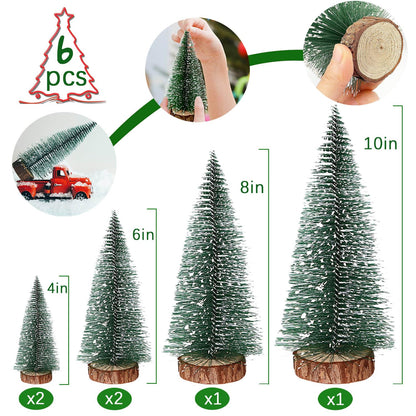 UPINLOOK 6PCS Mini Christmas Trees, Artificial Small Bottle Brush Trees Miniature Pine Trees with Snow and Wood Base for Xmas Holiday Party Tabletop Decors