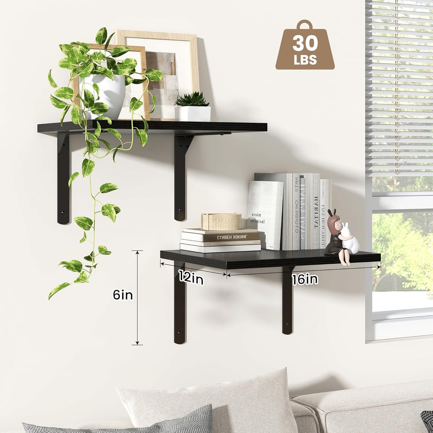 12 Inch Set 2, 16W 12D Fun Memories Floating Shelves for Wall, Deep Floating Shelves of Wall Mounted Shelf with Metal