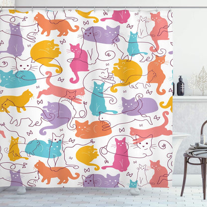Ambesonne Cat Shower Curtain, Colorful Cats Modern Line Art, Cloth Fabric Bathroom Decor, 69" W x 70" L