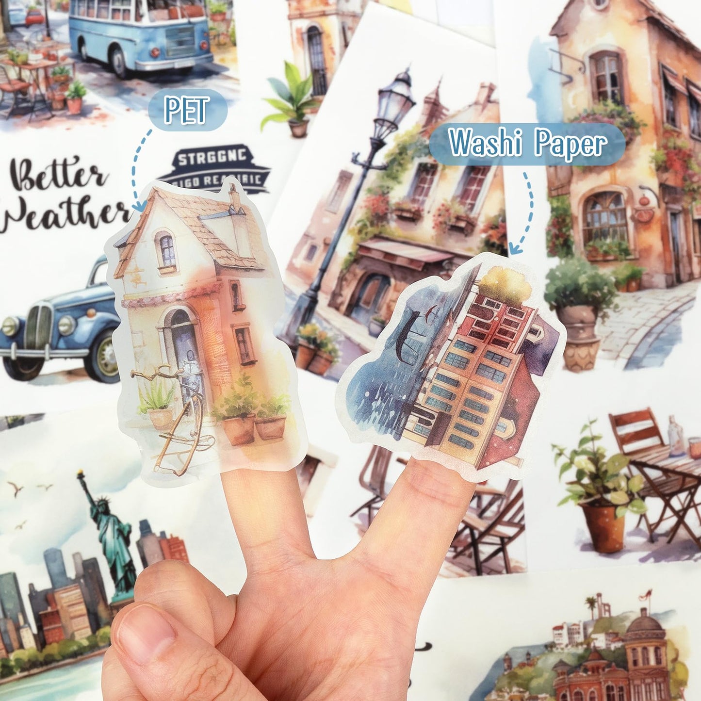 Dizdkizd Landscape and City Themed Scrapbook Journaling Stickers, 150 Die-Cut PET and Washi Paper Sticker Book for Junk Journaling, Collage, Craft Projects