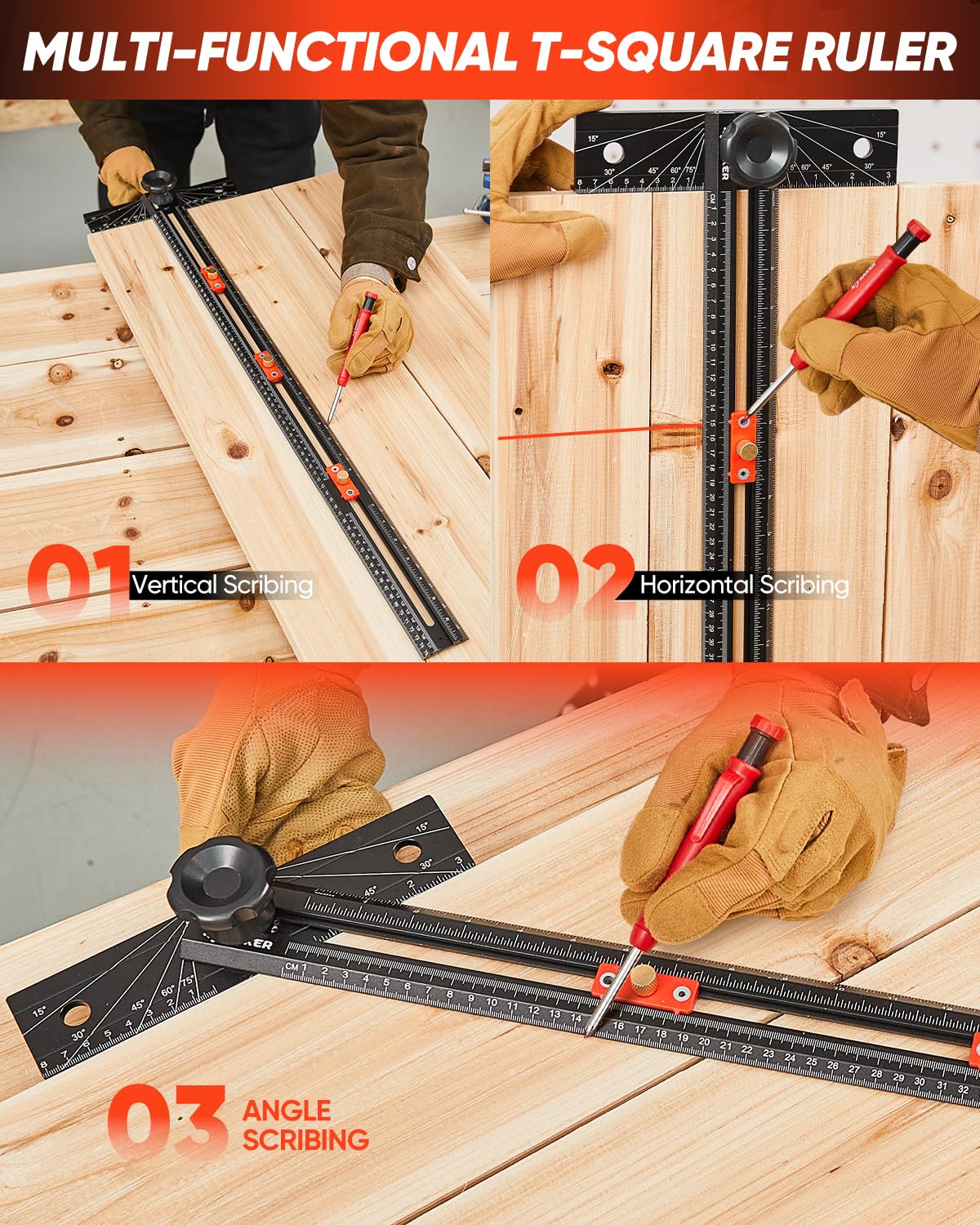 Saker 4-in-1 Scriber Marking Line Ruler, 29.5in Spliceable Extended T Square, Precision Line Drawing & Drilling Positioning Tool, Cabinet Hardware Jig with Angle Adjustment for Woodworking