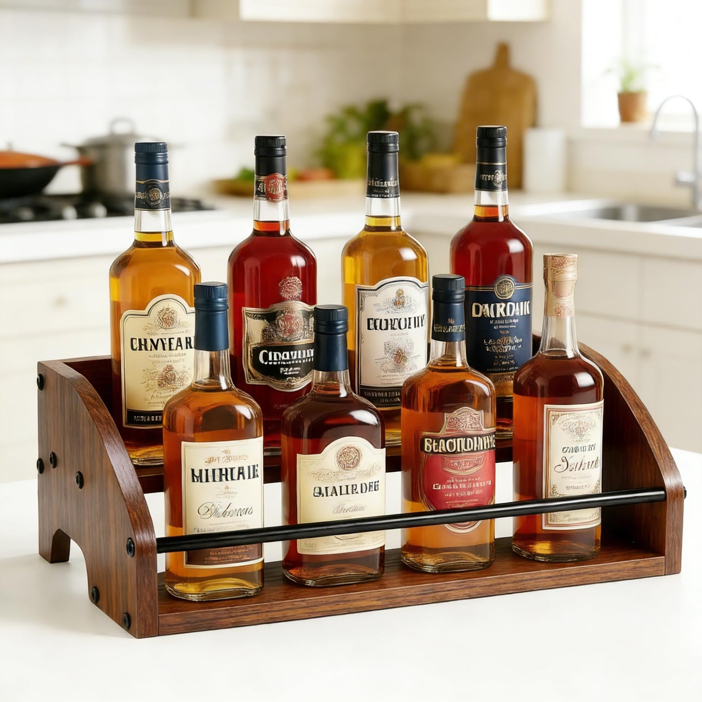 HRUSGO Rustic Wooden Countertop Organizer - Liquor Cabinet,Coffee Syrup Rack, Mini bar, Home Retro Bar Shelf Stand for Liquor, Whiskey, Spirits & Spices (2-Tier)