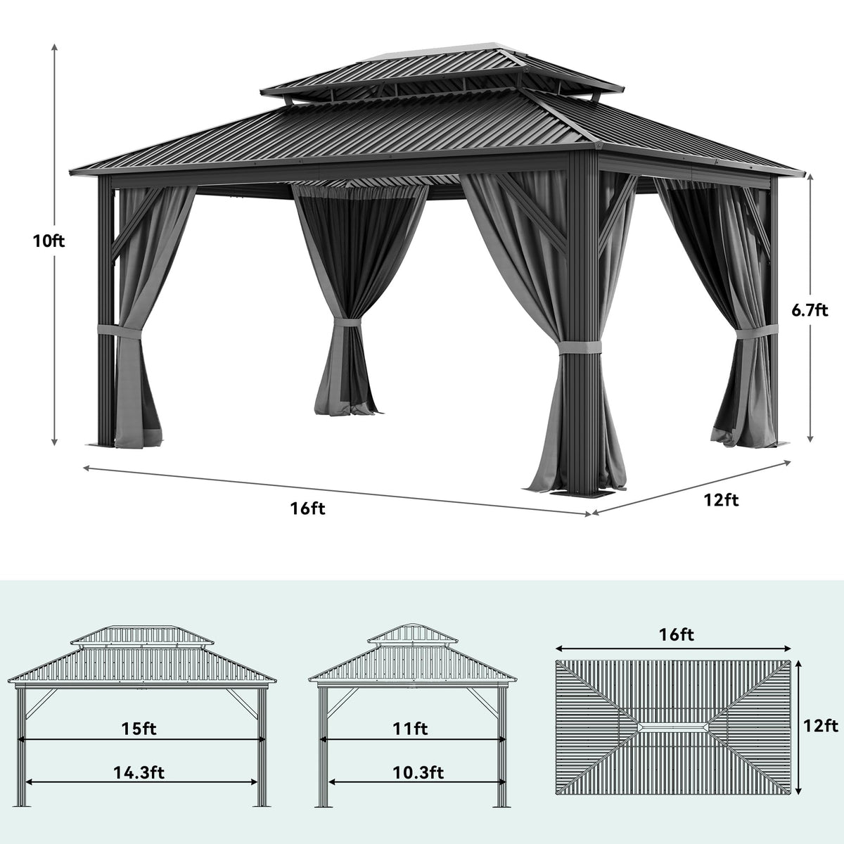 YITAHOME 16X12FT Patio Hardtop Metal Gazebo with Nettings and Curtains, Heavy Duty Double Roof Galvanized Steel Outdoor Waterproof Gazebo for Patio, Backyard, Deck, Gray