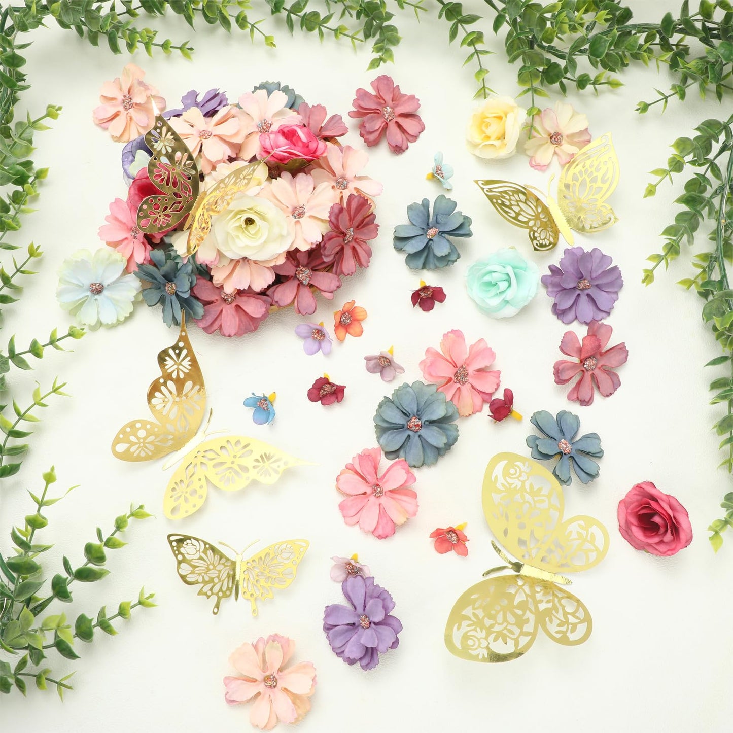 Wavyknot 342 Pcs Faux Flower Heads and 3D Butterfly for Craft Bulk DIY Graduation Cap Decorations Accessory Kit Small Silk Fake Floral Head Gold Butterfly for Wedding Bouquet Graduation Cap Decor