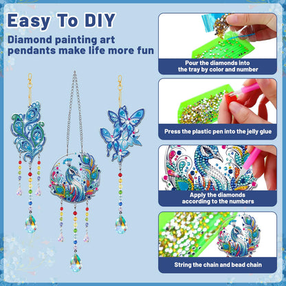 Arts and Crafts for Girls Ages 6-12, DIY Diamond Painting Kits for Kids Teens Adults, Birthday Gifts for 6 7 8 9 10 11 12 Year Old Girls, Peacock Butterfly Feather Wind Chimes for Home Garden Decor