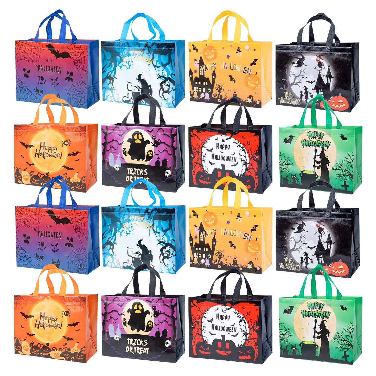 XiaosRen 16Pcs Multifunctional Non-Woven Tote Bags with Handles, Large Reusable Happy Halloween Bags for Gifts, Party Supplies, 12.6x10x6.7