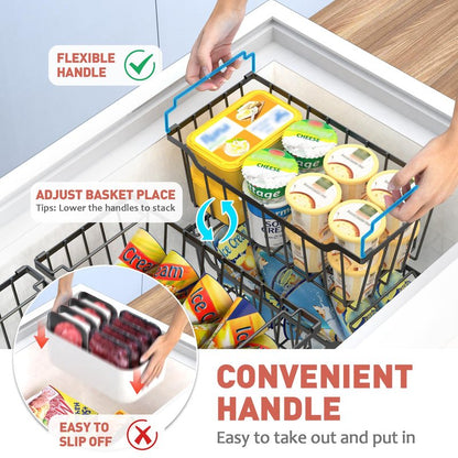 Goovilla Freezer Organizer Bins with Foldable Handle, 4 Pack Stackable Freezer Baskets for 3.5-7 Cu.FT Deep Chest Freezer Organization, Coated Metal Freezer Storage Bins with Better Space Utilization