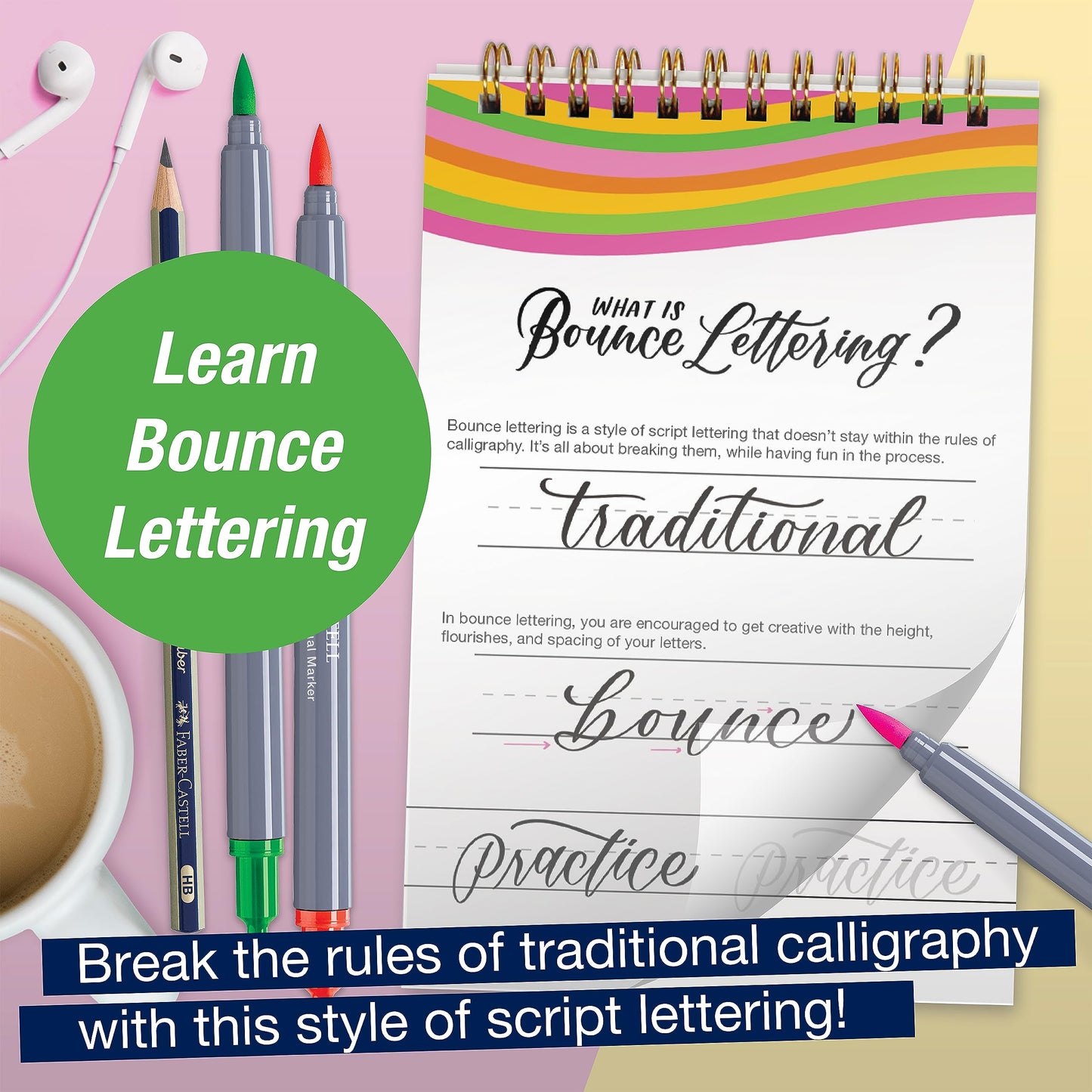 Faber-Castell Bounce Lettering - Hand Lettering for Beginners, DIY Crafts Project with 3 Brush Pens for Lettering