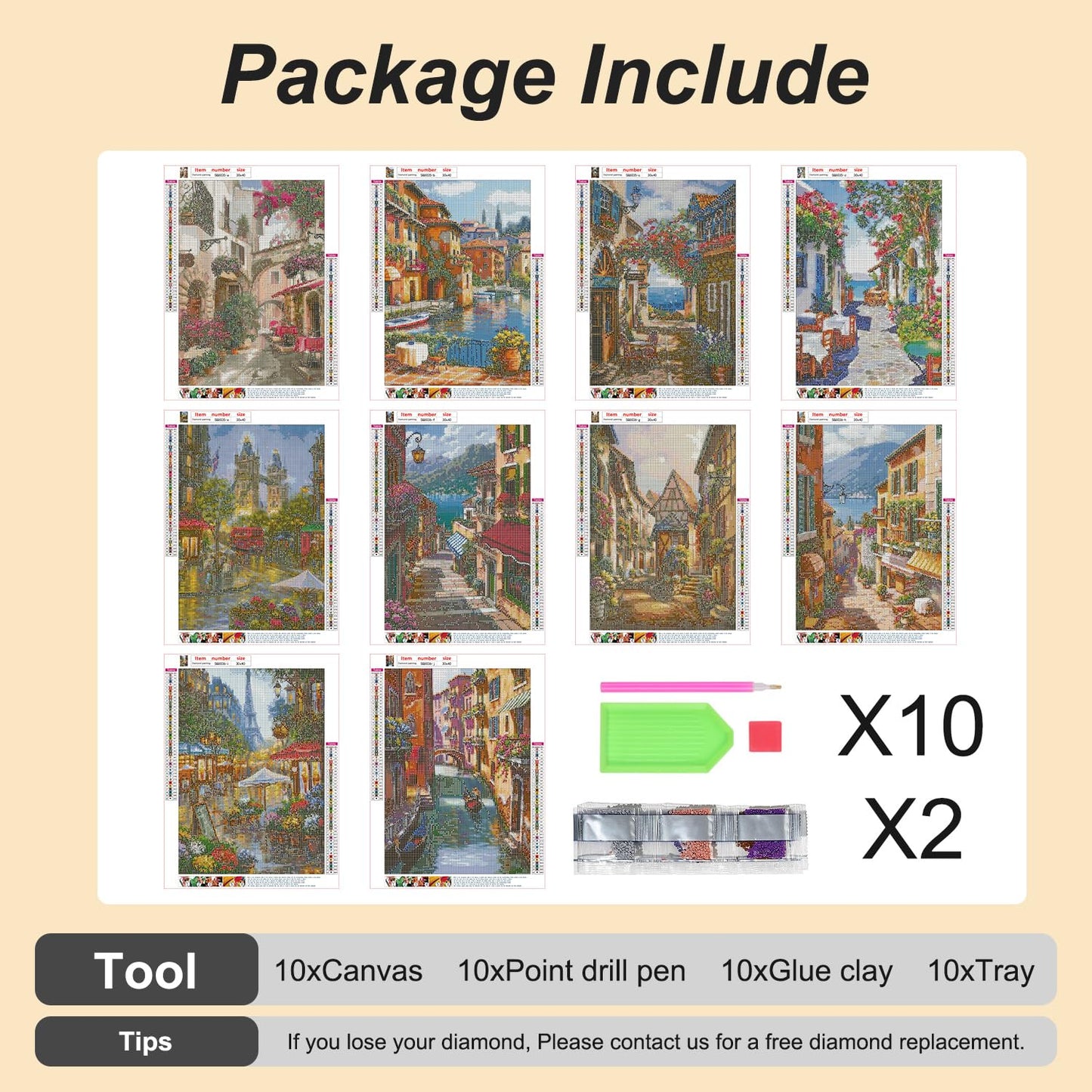 Stalente Diamond Painting Kits for Adults, 10 Pack 5D Diamond Art Kits for Beginners Round Full Drill Diamond Painting for Home Wall Decoration Gift 12×16inch, Street Landscape