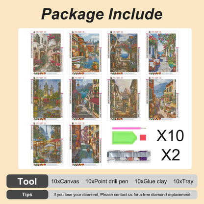Stalente Diamond Painting Kits for Adults, 10 Pack 5D Diamond Art Kits for Beginners Round Full Drill Diamond Painting for Home Wall Decoration Gift 12×16inch, Street Landscape
