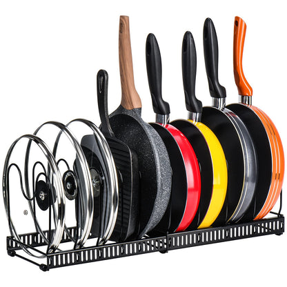 Toplife Pots and Pans Organizer Rack for Cabinet and Countertop, 10+ Pot Lids, Bakeware and Cookware Organizer Rack Holder with 10 Adjustable Compartments - Brown