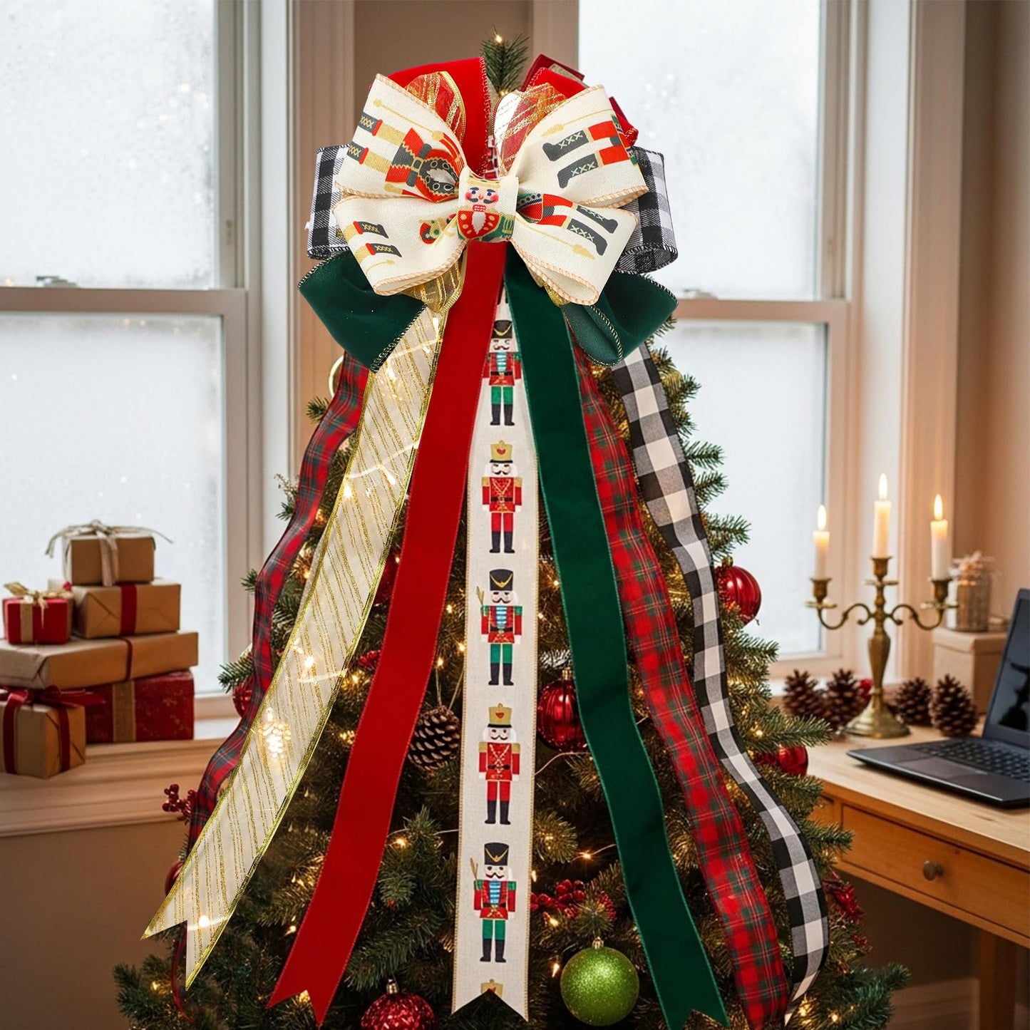Suncalla 6 Rolls Nutcracker Christmas Ribbon Set 2.5 Inch x 10 Yards Wired Holiday Ribbons for Nutcracker Bows Wreaths Tree Decorations and Gift Wrapping Wide Red Green Gold Plaid Soldier Designs