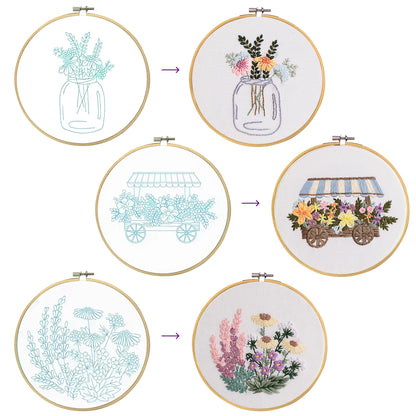 Looples Embroidery Kit for Beginners and Adults with Video Tutorials – DIY Starter Kit with 3 Stamped Floral Patterns, Hoops, Threads, Needles, and Instructions - Cart, Glass Jar, and Flowers