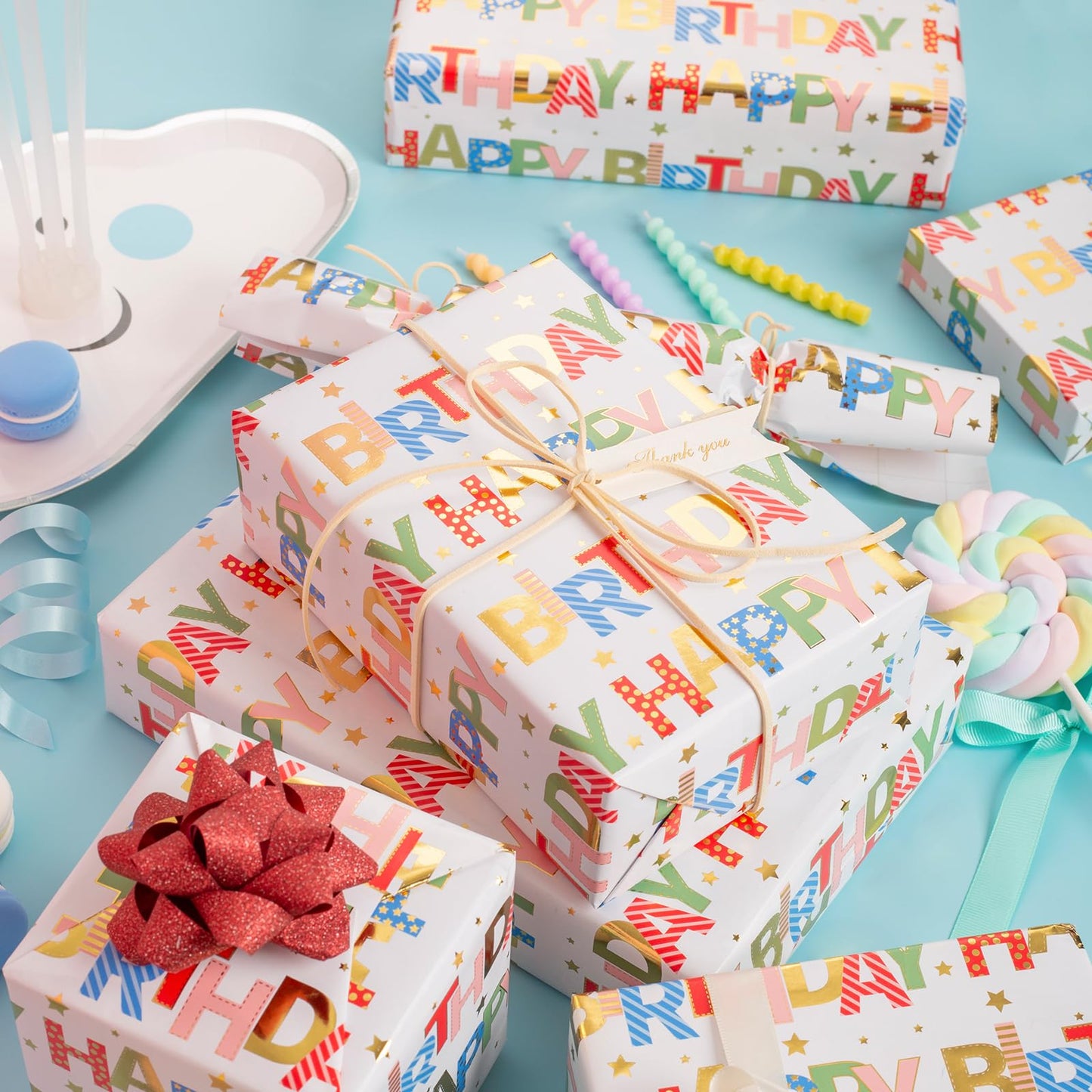 Merture Colorful Wrapping Paper Roll - 17 In X 32.8 Ft - Foil Happy Birthday Lettering & Candles Wrapping Paper for Birthday, Baby Shower, Party