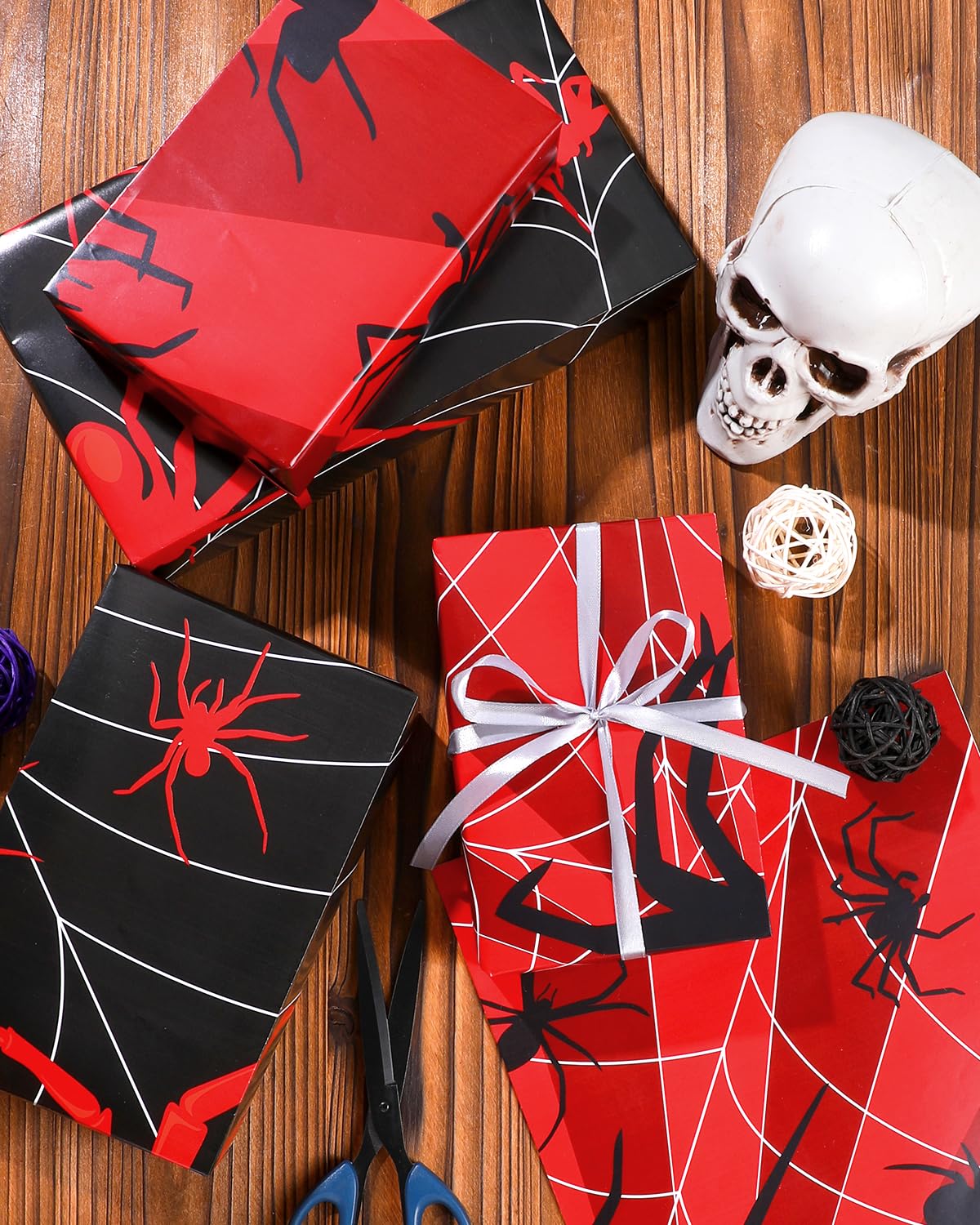 Pineraap 12 Sheets Black Spider Wrapping Paper, Gothic Red Spider Gift Wrap Paper, Nightmare Goth Decorative Craft Tissue Spider Party Decoration for Gothic Theme Birthday Party, 20"×28"