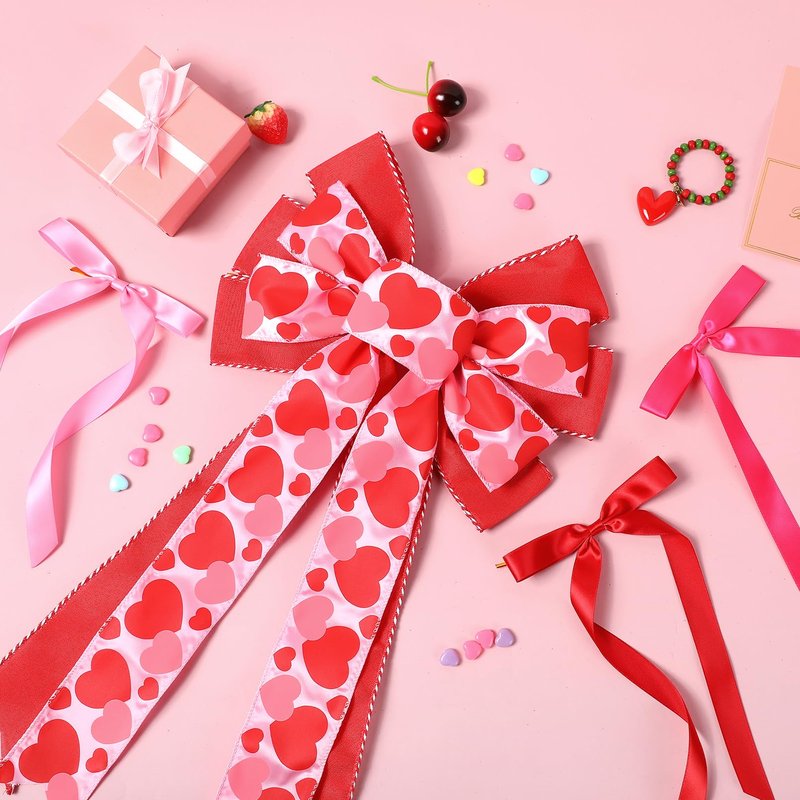 CEELGON Valentines Day Decorations Large Pink and Red Valentine Tree Topper Bow & 12 Pcs Long Satin Ribbon Bows Ornaments Wreath for Holiday Home Wall Decor