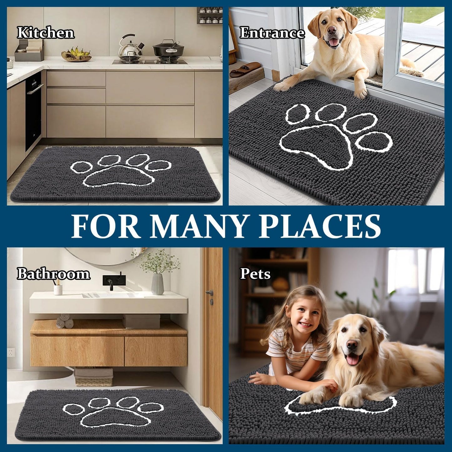 OLANLY Dog Door Mat - Absorbent Non-Slip Mud Mat for Paws | 70x32 Dark Grey Chenille Design