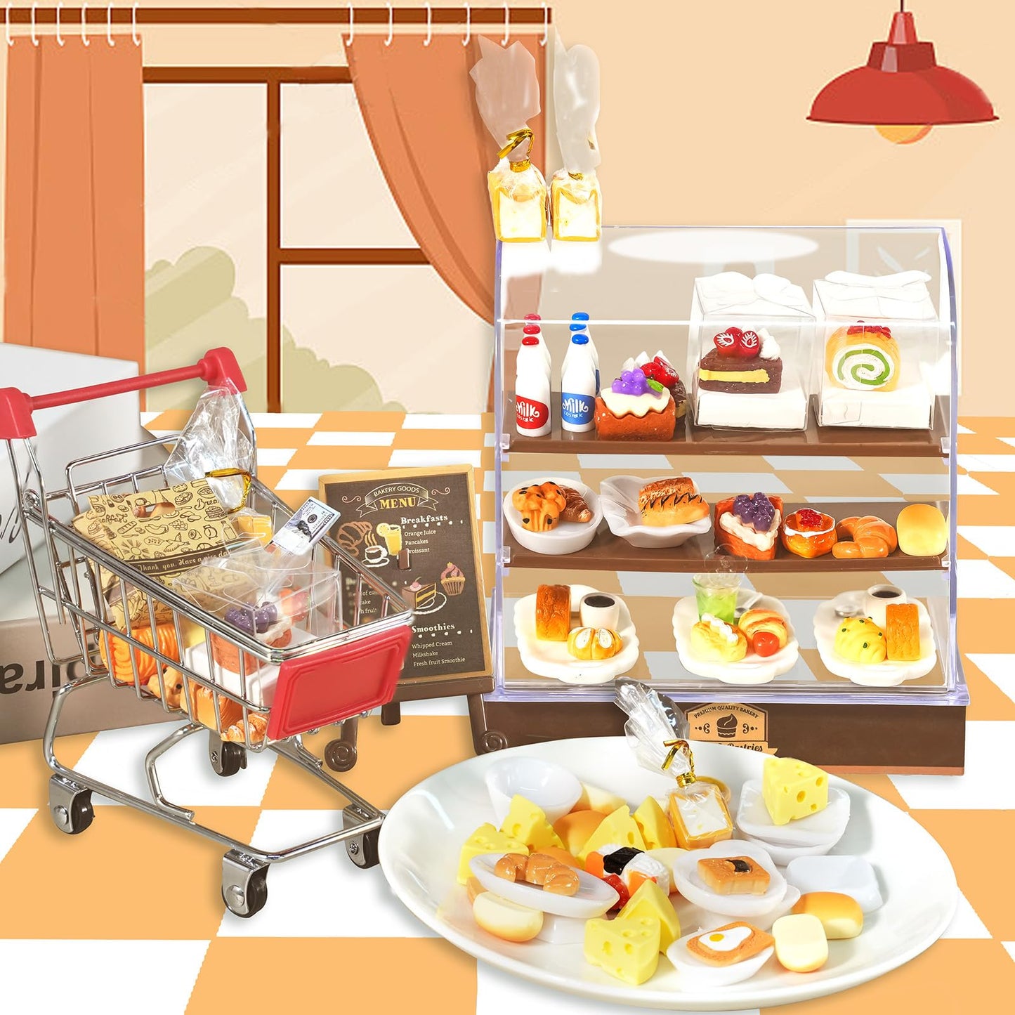 92 Pcs Miniature Bakery Case Cake Stand Cabinet with Mini Foods Set Miniature Food Cake Bread Dessert Milk Donuts for 1:12 Scale Mini Bakery Bread Shop Scene Models Mini House Kitchen Accessory