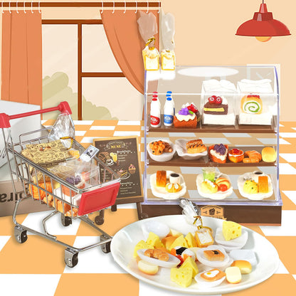 92 Pcs Miniature Bakery Case Cake Stand Cabinet with Mini Foods Set Miniature Food Cake Bread Dessert Milk Donuts for 1:12 Scale Mini Bakery Bread Shop Scene Models Mini House Kitchen Accessory