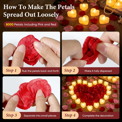 Chanceboleng 8000Pcs Rose Petals with 72Pcs Flameless LED Tea Lights Candles Valentine's Day Romantic Decorations Special Night Set for Night Wedding Anniversary or Table Décor, Warm Yellow
