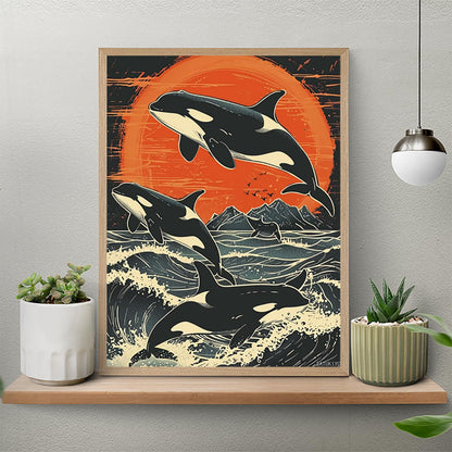 EATUKYIC DIY 5D Diamond Art Orcas Whale Jumping Sunset Paint with Full Drill Round Diamond Gems Painting by Number Kits for Adults Art Craft Home Wall Decor 12x16 inch