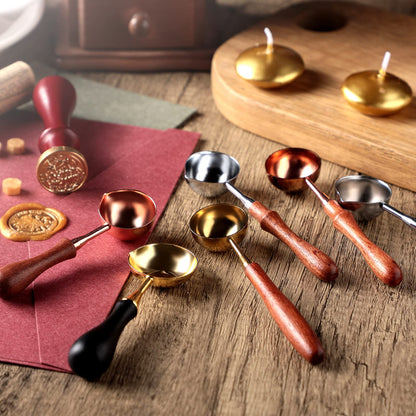 Chengu 6 Pcs Wax Seal Spoon Melting Wax Spoon with Wooden Handle Sealing Stamp Melting Seal Warmer for Sealing Stamp Envelope Craft Wedding Party Invitations