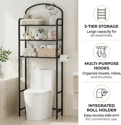 Regine Switzerland Over The Toilet Storage Rack - 3-Tier Bathroom Organizer with Hooks & Paper Holder - Black Metal Shelf