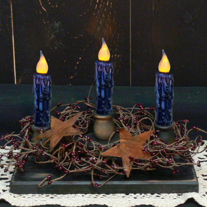 CVHOMEDECO. Real Wax Hand Dipped Battery Operated LED Timer Taper Candles Rustic Primitive Flameless Lights Decor, 4-3/4 Inch, Navy Blue, 3 PCS in a Package