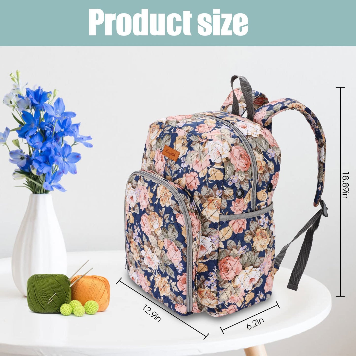 Hanfetch Yarn Storage Organizer Knitting Bag Backpack Large size with Grommets Portable Crochet Bag Yarn Keeper for Yarn Skeins， Crochet Hooks, Knitting Needles and Other Accessories (Peony)