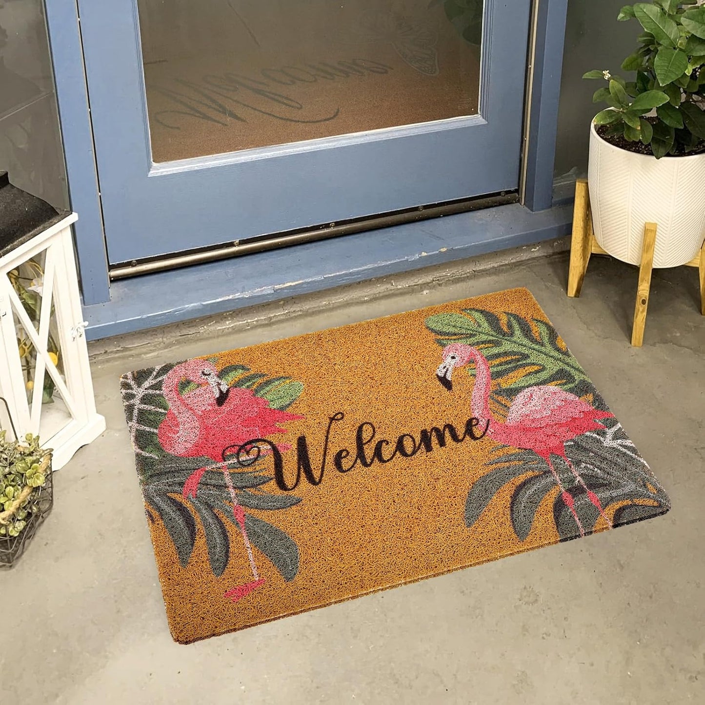 Tinideya Flamingo Welcome Door Mat - Tropical Palm Leaves Design | Non-Slip Rubber, Washable, 17x29 Inch