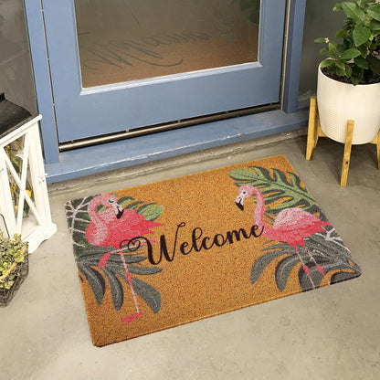 Tinideya Flamingo Welcome Door Mat - Tropical Palm Leaves Design | Non-Slip Rubber, Washable, 17x29 Inch
