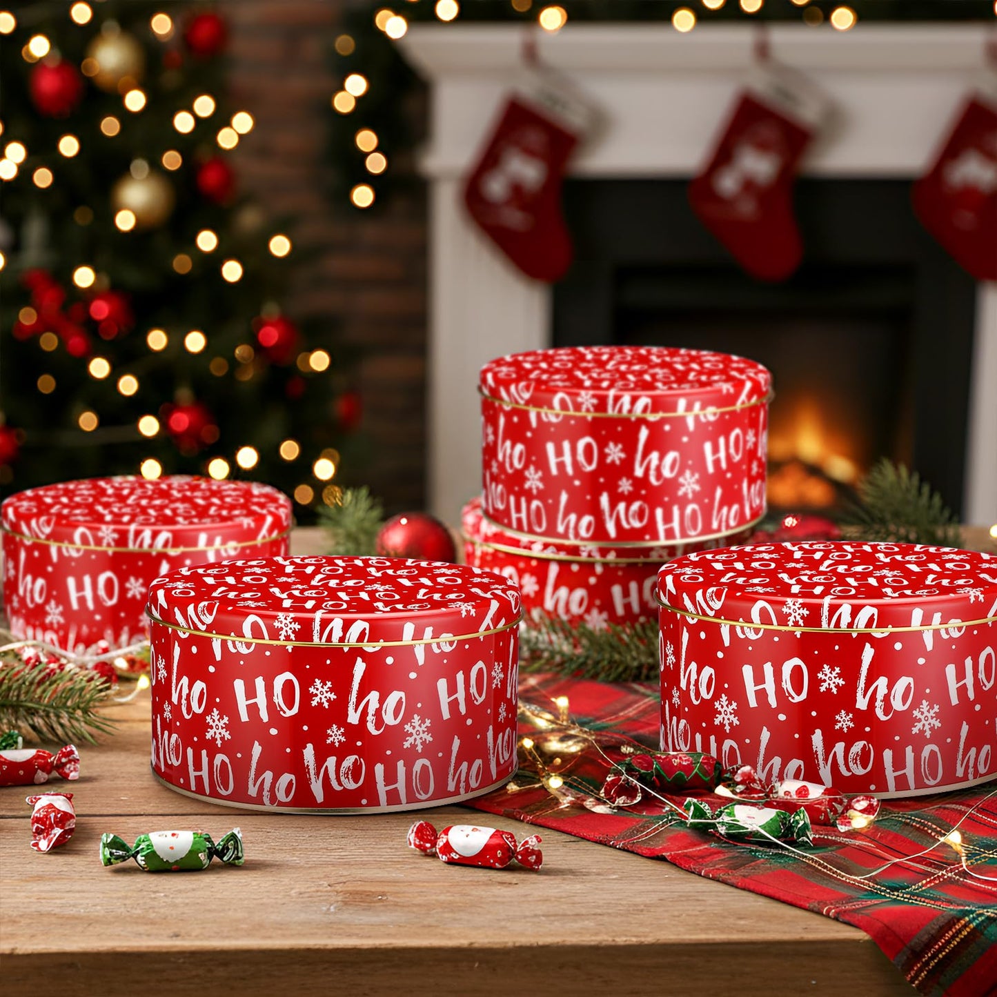 Suttmin 6 Pcs 6.6 Inch Christmas Cookie Tins with Lids Round Metal Red Snowflake Tin Containers for Gift Giving Decorative Storage Box for Holiday Baking Chocolate Snack Party Favors