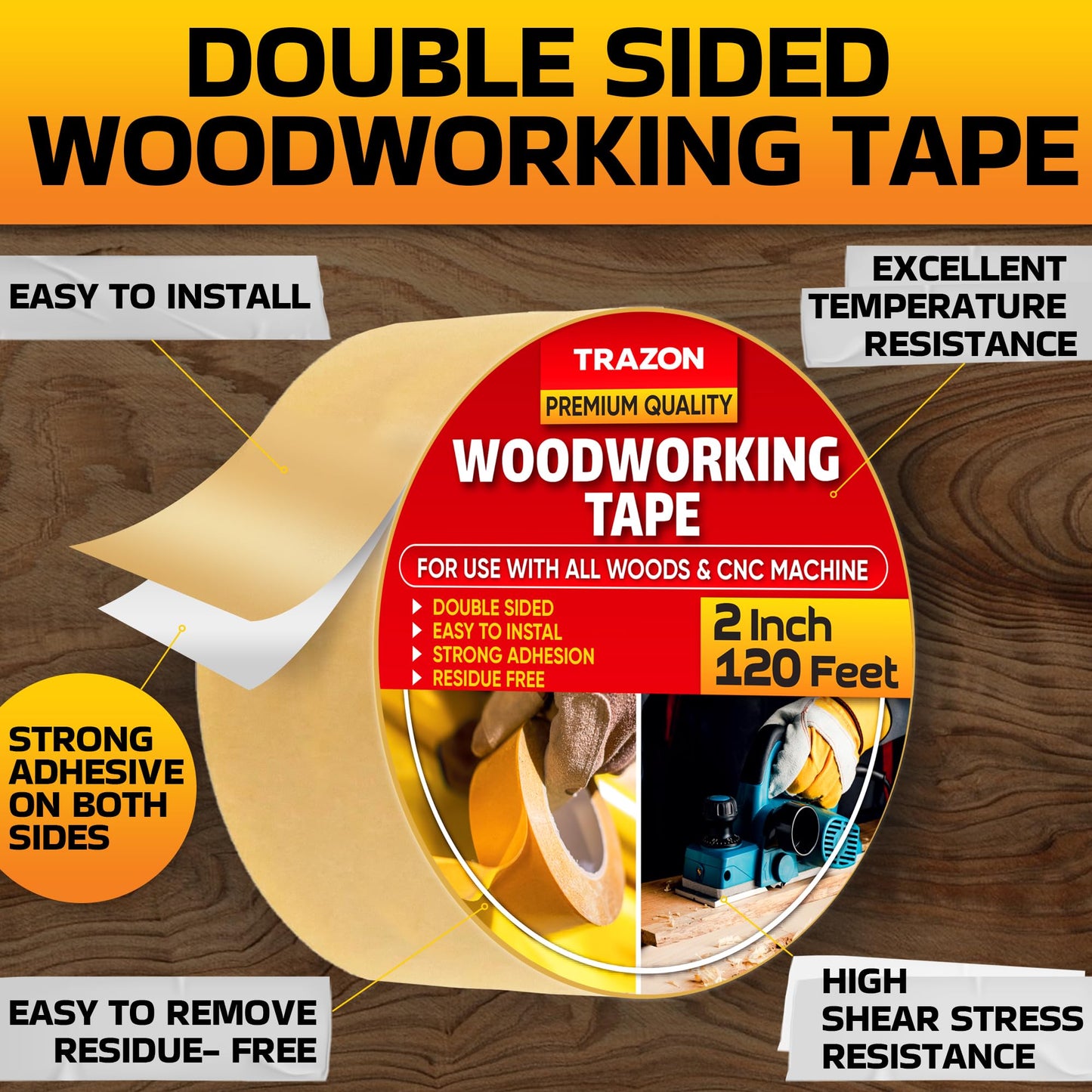 Trazon Double Sided Woodworking Tape Super Strong, 2 Inch x 120 Feet, Wood Crafter Sticky Tool, Two Side Adhesive for Router Templates and CNC Machine, Removable & Residue Free