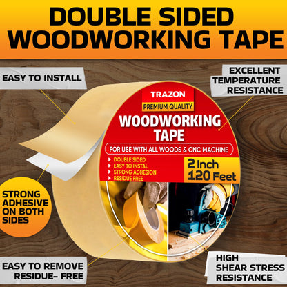 Trazon Double Sided Woodworking Tape Super Strong, 2 Inch x 120 Feet, Wood Crafter Sticky Tool, Two Side Adhesive for Router Templates and CNC Machine, Removable & Residue Free