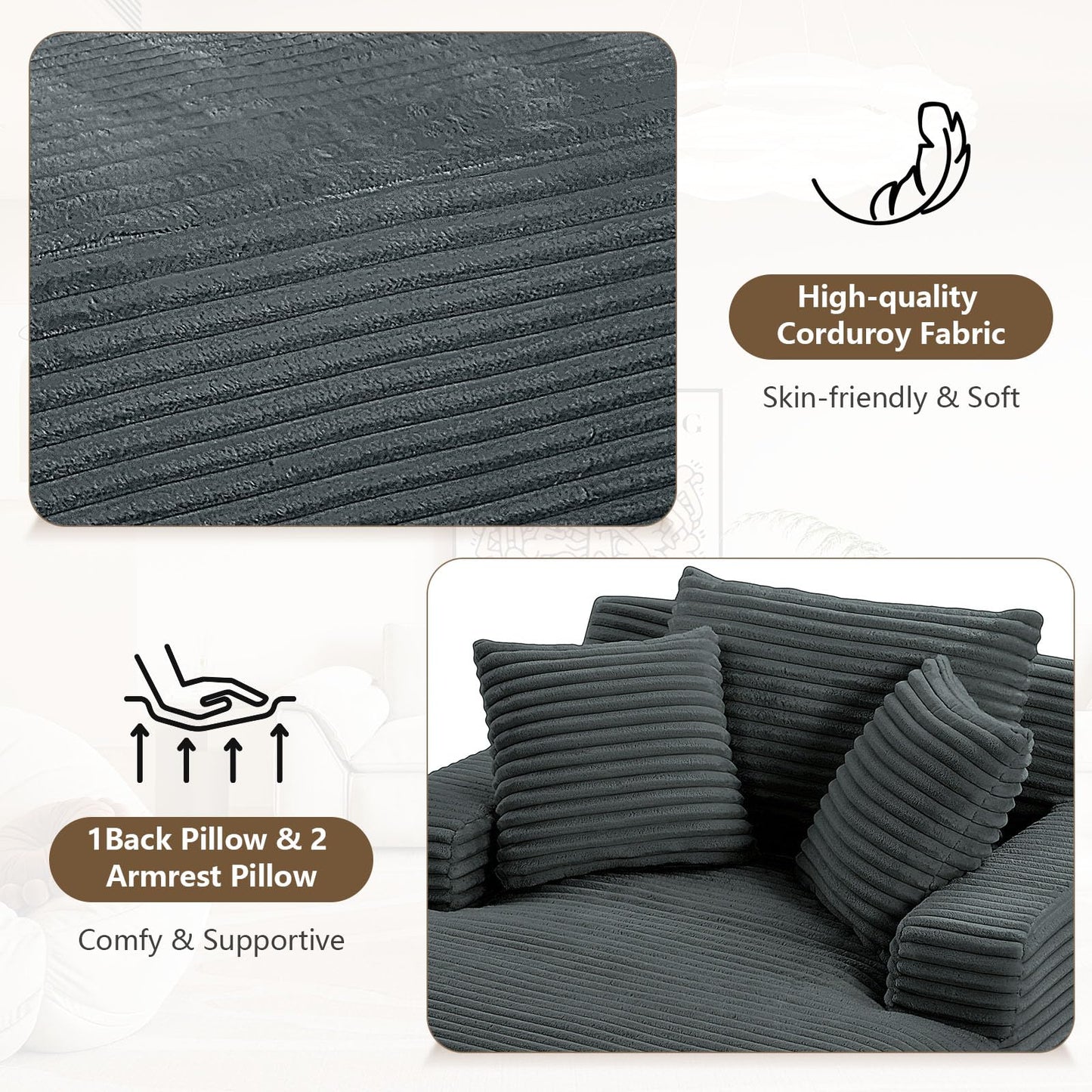 49.2"W Oversized Chaise Lounge Chair Indoor,Comfy Boneless Reading Chair with 3 Pillows, Luxurious Corduroy Fabric Single Cloud Sofa Chair for Living Room & Bedroom,No Assembly Required,Dark Grey