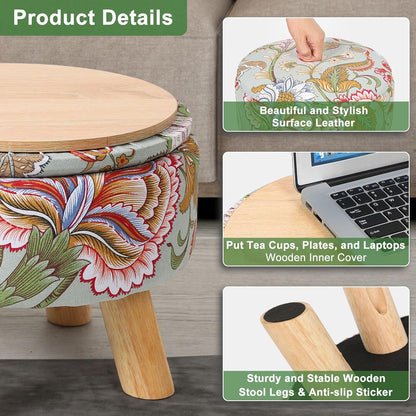 12.7 10.6 Round Storage Ottoman with Reversible Tray Lid, "W x "H Upholstered Footrest Pouf with Anti-slip