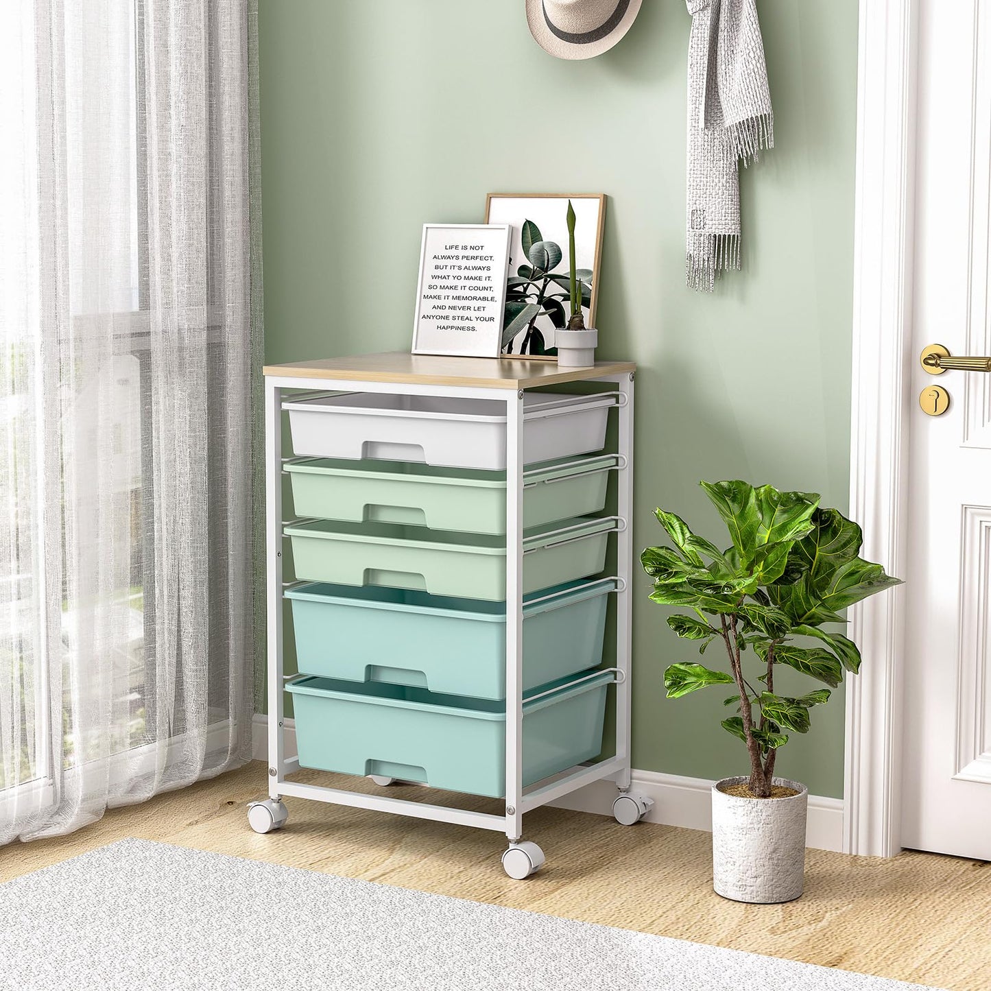 SYKIARIOL Utility Cart with 5 Drawers,Storage Cart with Wooden Tabletop and Lockable Wheels,Craft Storage Trolley Organizer,5-Tier Rolling Utility on Wheels,Light Green