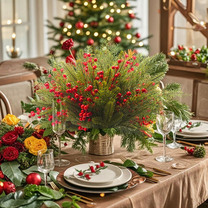 Grunyia 90 PCS Artificial Pine Branches Cedar Stems with Red Holly Berries - Perfect Faux Pine Greenery Stems for Christmas Tree, Wreath & Garland DIY Crafts Holiday Home Decoration