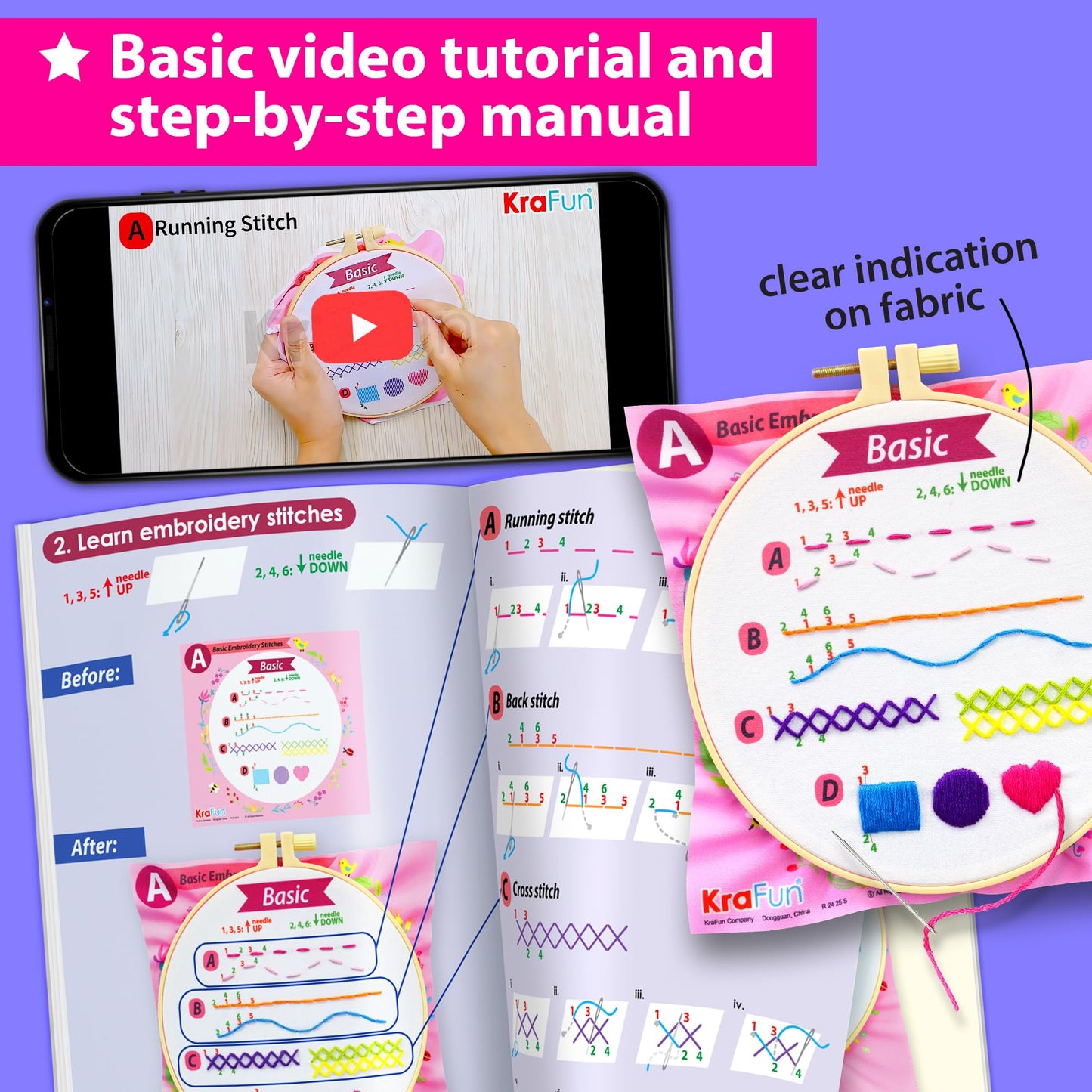 KRAFUN My First Embroidery Kit for Kids & Teens Age 8+, Beginner Hand Stitch Starter Set, 7 Pre-Printed Practice Cloths, DIY Tote Bag, Hoop & Tool Box, Arts & Crafts Gift for Girls