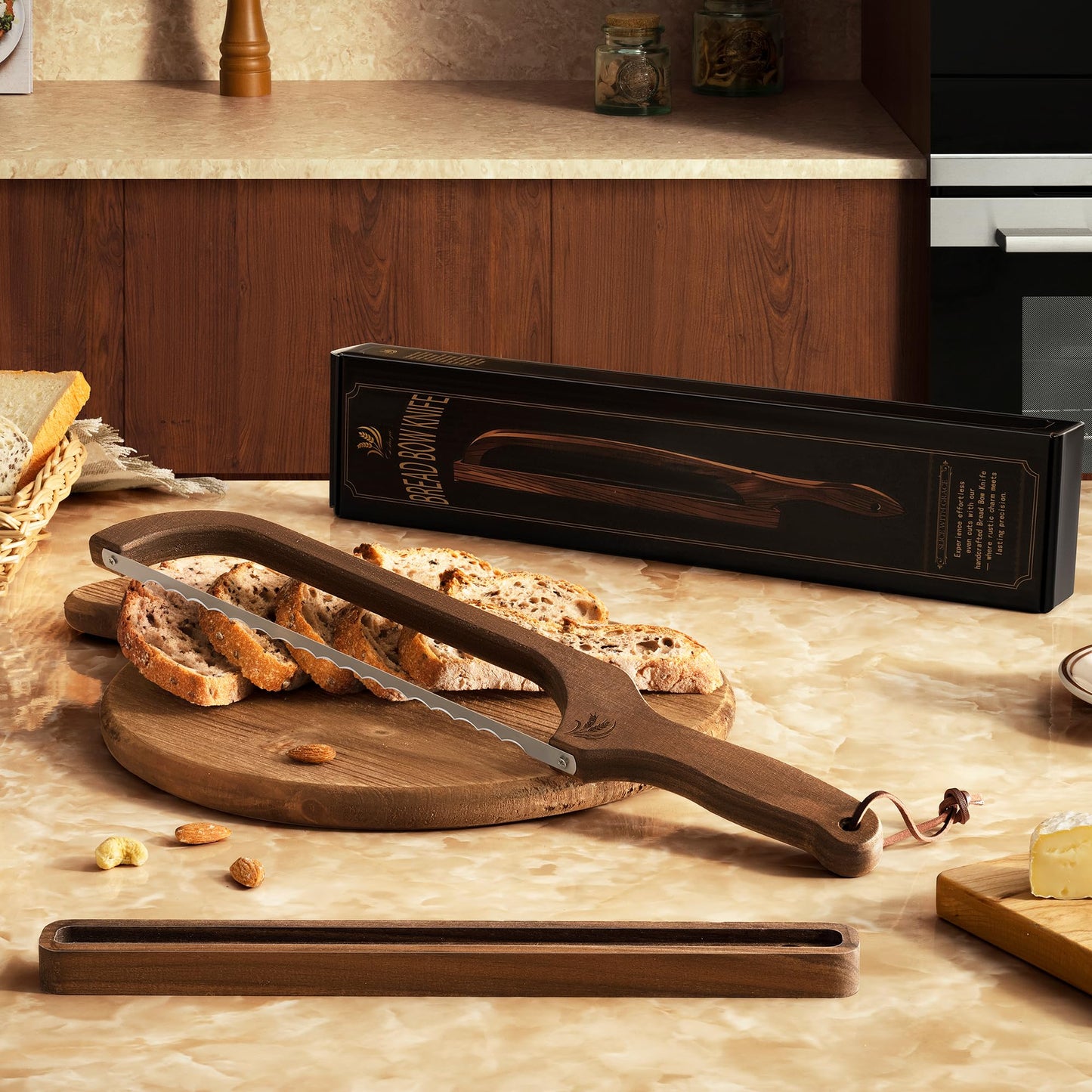BreeziiDesign Bread Knife with Wooden Tray, 16.5" Serrated Sourdough Bread Knife, Premium Bow Bread Slicer for Homemade Bread, Bagels & Loaf, Stainless Steel Cutter (Black Walnut, Wide-Spacing)