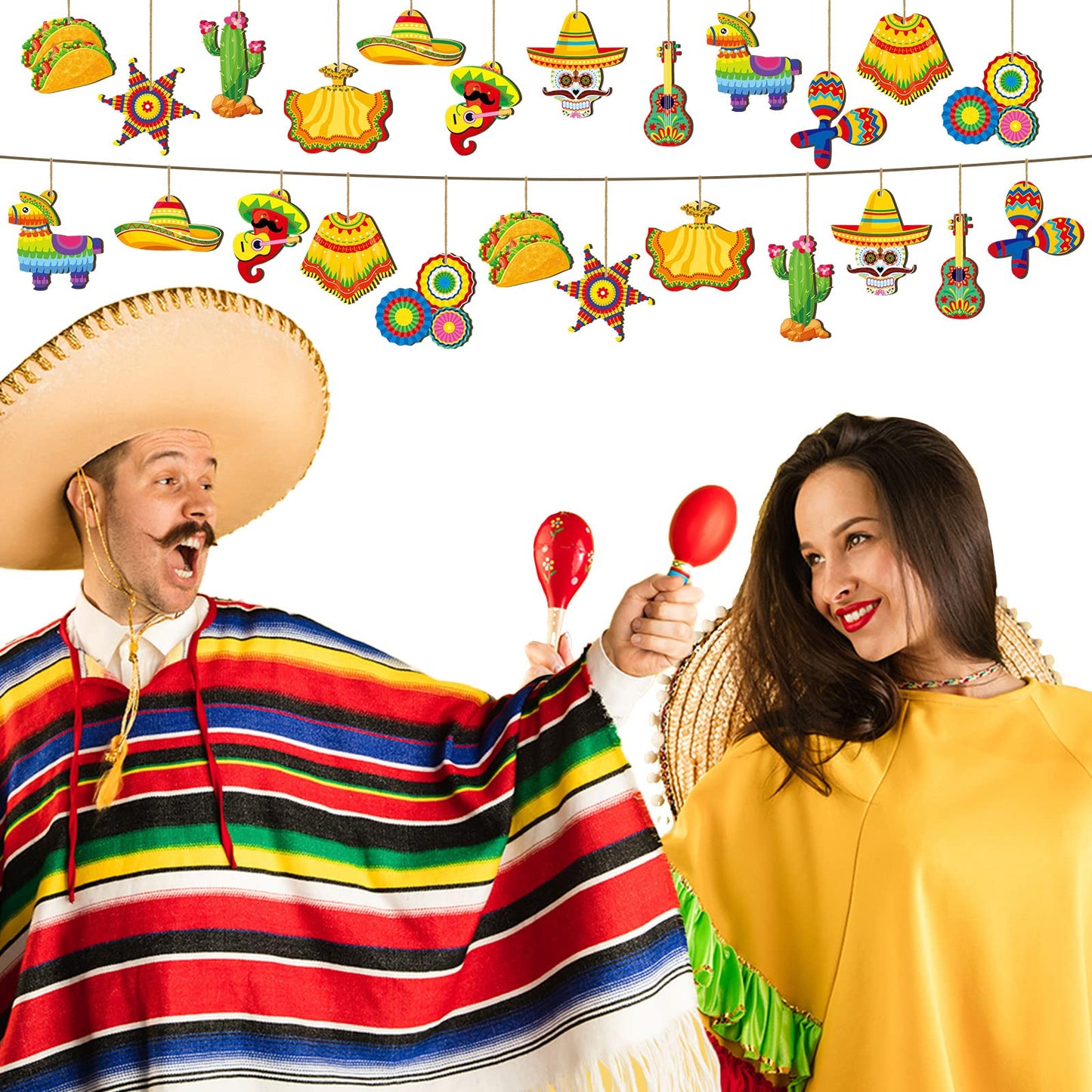 Maitys 24 Pcs Cinco De Mayo Tree Decorations Mexican Fiesta Wooden Ornaments Cinco De Mayo Tree Ornament Mexican Hanging Decoration for Holiday Party Supplies Outdoor