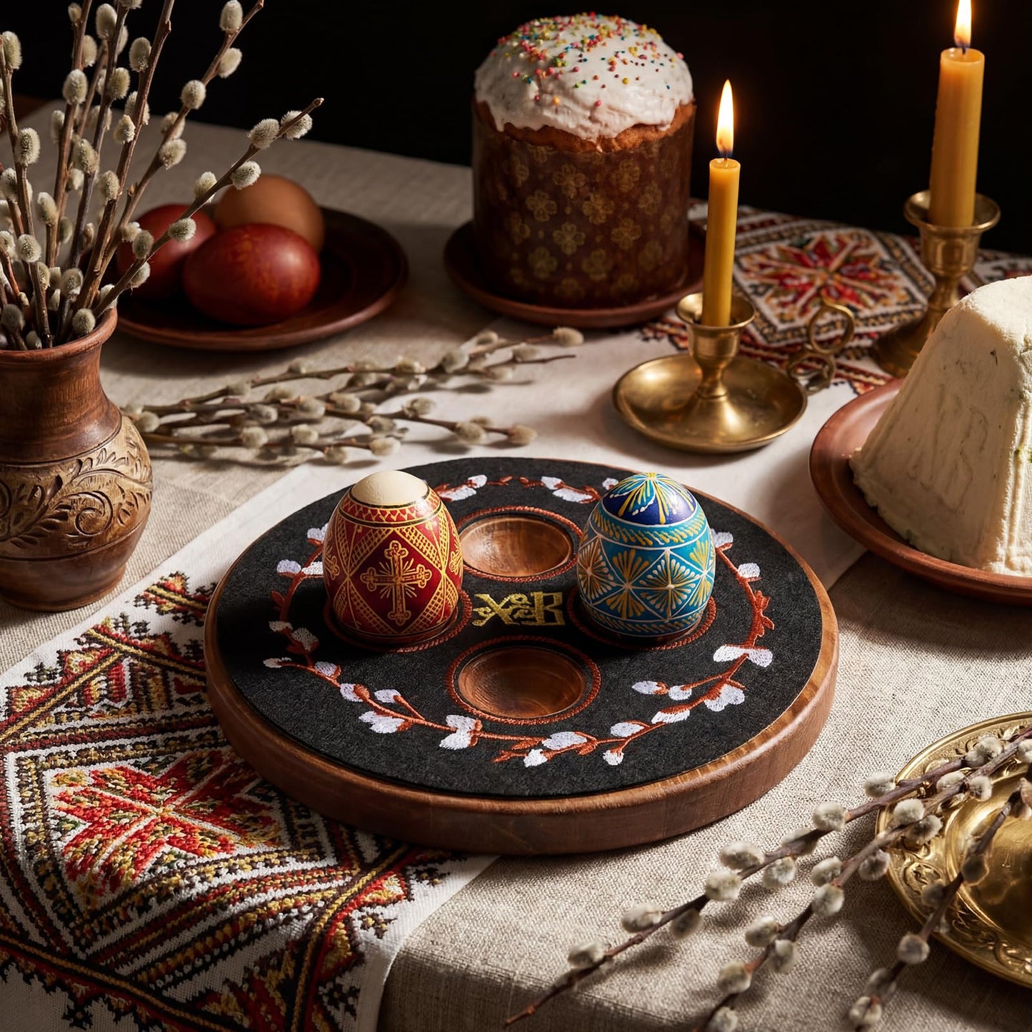 Vicenpal Greek Orthodox Easter Egg Holder Wooden Decorative Easter Egg Display Stand with Xb Embroidery Floral Pascha Patch Serving Tray Greek Pedestal Ukrainian Religious Gift for Orthodox Home Decor