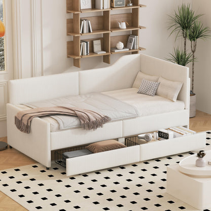GDFStudio Twin Size L Shaped Corduroy Daybed Upholstered Bed Frame with 2 Storage Drawers Wooden Slats Semi Enclosed Design No Box Spring Needed, Beige