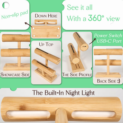 LED Bamboo Jewelry Organizer Stand - Bracelet Holder, Jewelry Organizers and Storage for Necklace, Watch, Earring, Ring - Built-in LED Light Natural Wooden Jewelry Display Stand for Dresser Decor