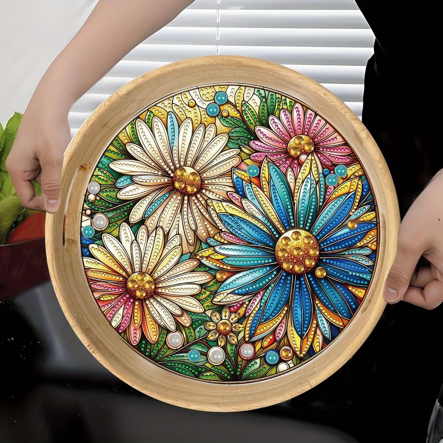 ARTopet DIY Diamond Tray Round Diamond Art Painting Creative Design Handmade Wooden Tray Dinner Plate Diamond Art for Coffee Living Room Home Organizer Diameter 25.5cm-Daisy