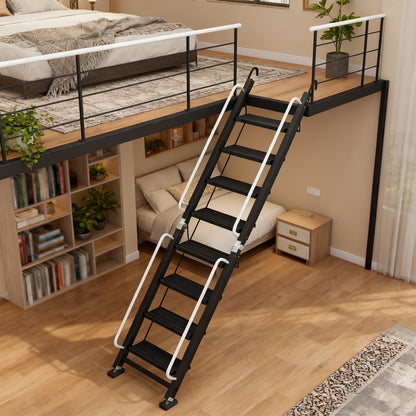 Foldable Aluminum Loft Stairs Ladder, 12 Step Folding Bunk Bed Ladders with Handrails, Portable Anti-Slip Egress Attic Ladder, Floor-Mounted Metal Roof Access Step Ladders for Dorm RV Home Attic Stair