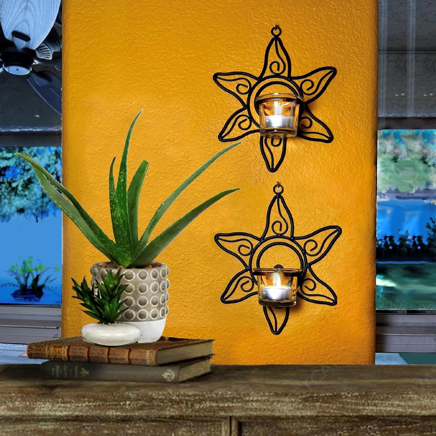Set 2 Lilys Home Southwestern Sun Decorative Votive Candle Tea Light Wall Mount Sconces, Black Steel, with Clear Glass