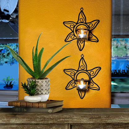 Set 2 Lilys Home Southwestern Sun Decorative Votive Candle Tea Light Wall Mount Sconces, Black Steel, with Clear Glass