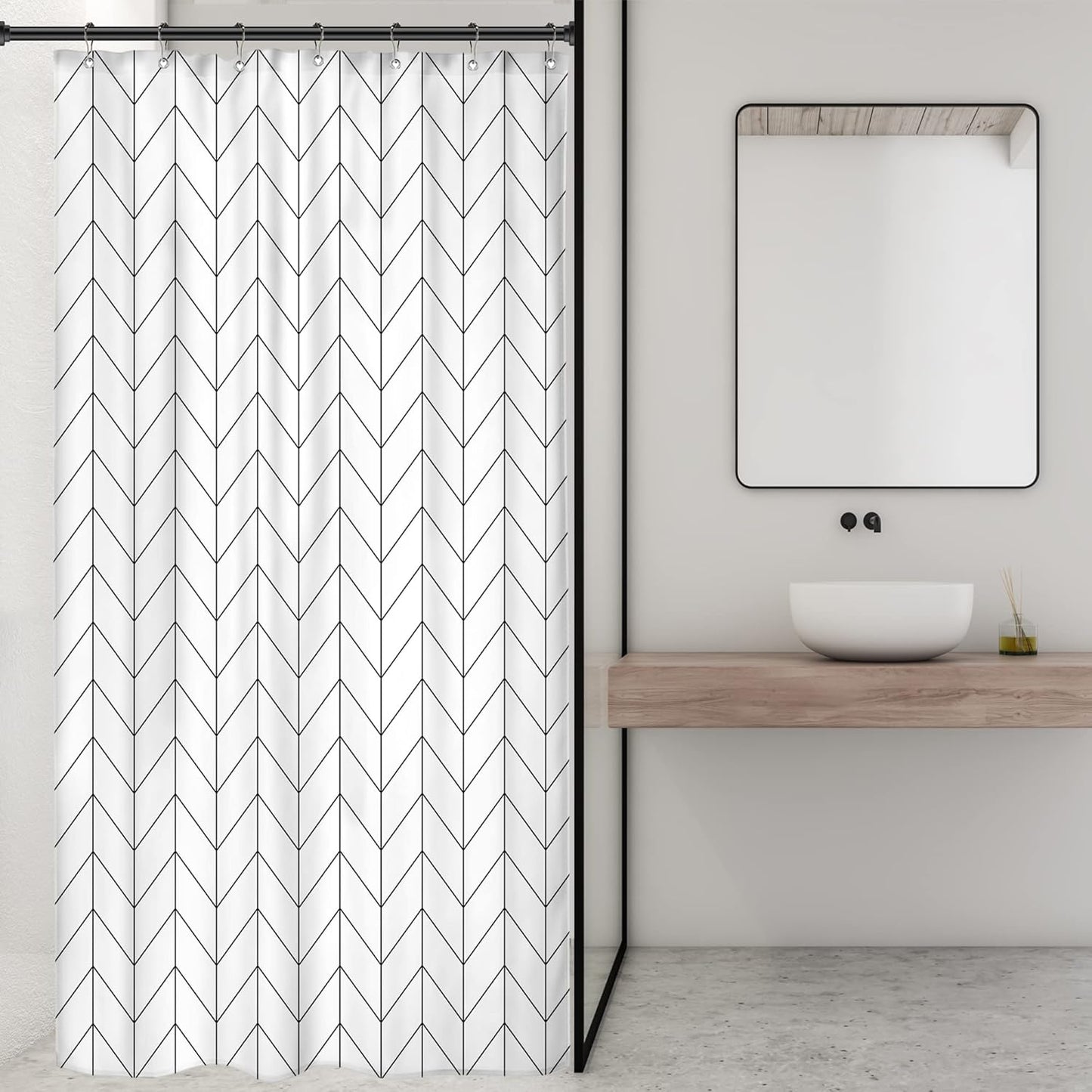Riyidecor Small Stall White Black Half Single RV Camper Shower Curtain 39x72 Inch, Chevron Herringbone Geometric Decor